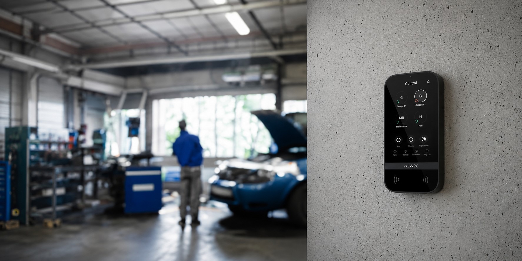 Ajax touchscreen alarm keypad in automotive repair shop